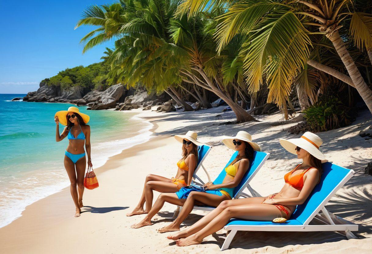 A stylish beach scene featuring a diverse group of fashionable individuals wearing chic thong swimwear in vibrant colors. Include sun hats, sunglasses, and beach accessories, with a picturesque shoreline and azure waves in the background. Showcase a sense of carefree summer vibes, with bright umbrellas and palm trees framing the scene. The image should evoke a feeling of effortless beach style and confidence. super-realistic. vibrant colors. summer theme.