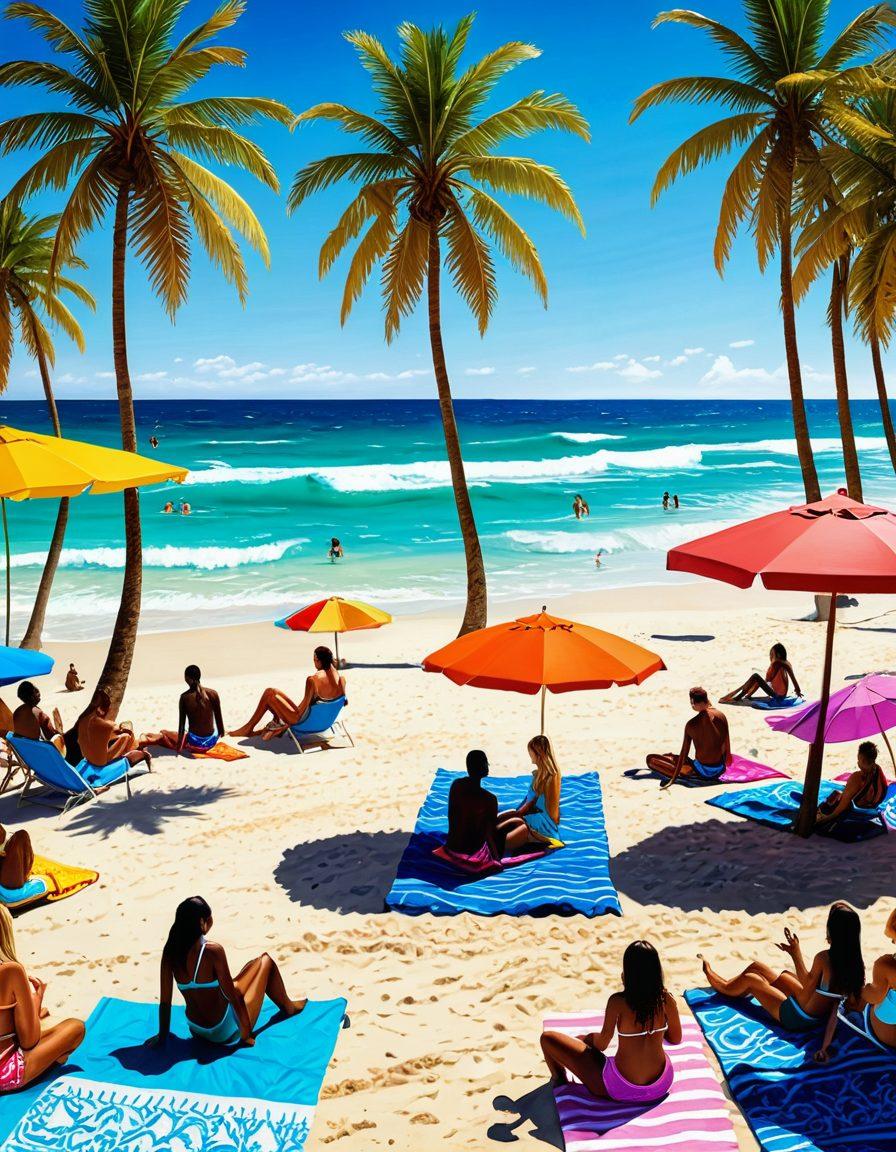 A vibrant beach scene showcasing a diverse group of people wearing trendy swimsuits, each with unique patterns and colors, enjoying various summer activities like surfing, beach volleyball, and sunbathing. Include elements like palm trees, beach umbrellas, and a sparkling ocean in the background to evoke a lively summer atmosphere. The image should convey a sense of fun, style, and adventure. super-realistic. vibrant colors. sunny backdrop.